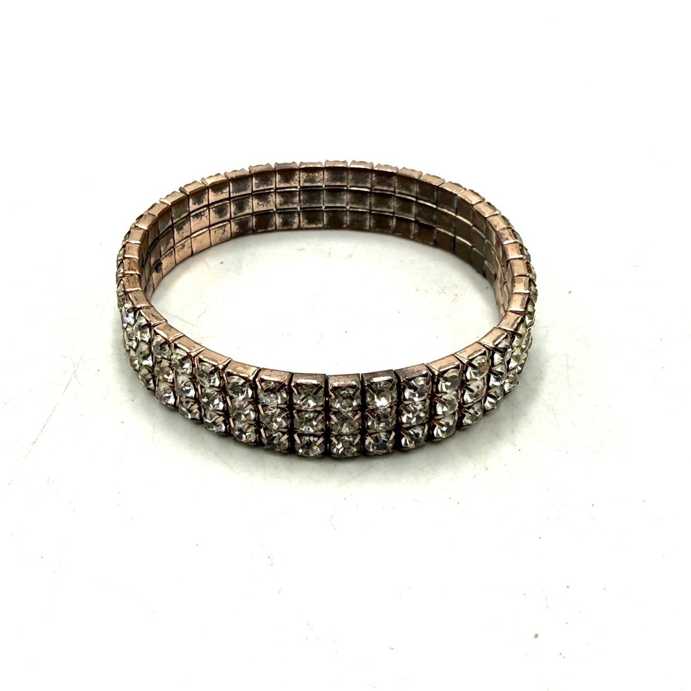 Vintage Triple Row Rhinestone Stretch Bracelet Rose Gold Tone Crystal Tennis